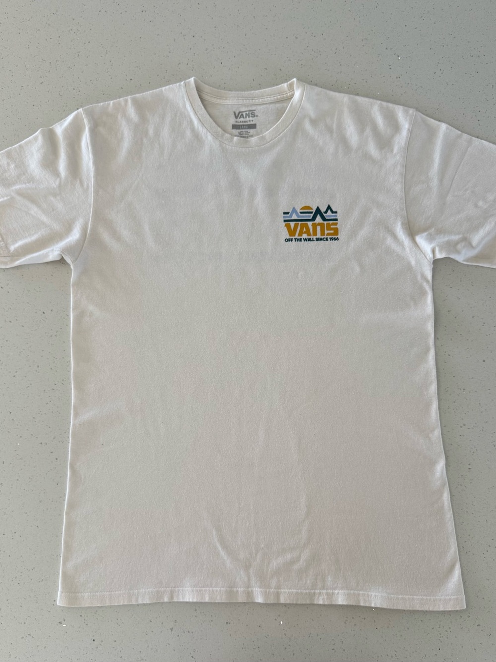Vans White Short-Sleeve Tee with Small Blue and Gold Logo